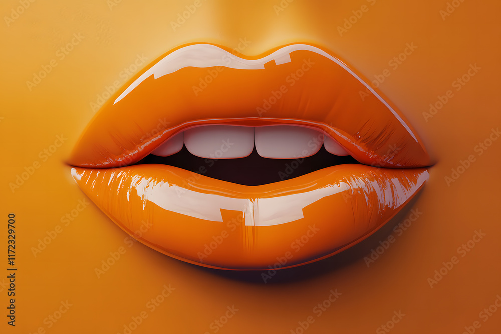 Glossy Orange Lips with Sensual Expression on Textured Background Glossy Orange Lips with Sensual Expression on Textured Background