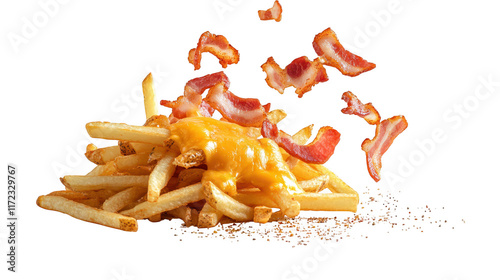 Indulge in crispy golden fries, a delicious pile of savory bacon and melted cheese topping