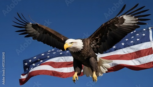 Majestic Bald Eagle Soaring with American Flag: A Patriotism Image photo