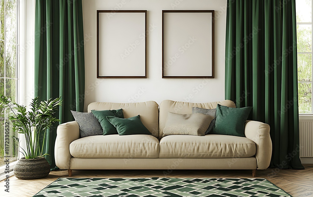 Fototapeta premium Beige sofa in green room, mockup posters, interior design.