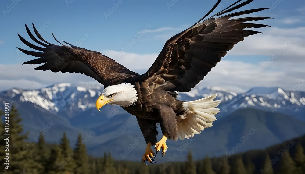Naklejka premium Majestic Bald Eagle Soaring: A Dramatic Mountain Vista