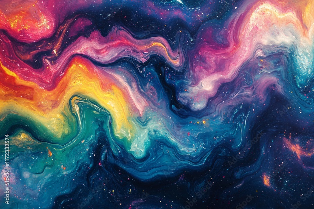 Abstract cosmic swirl painting with vibrant colors and texture.