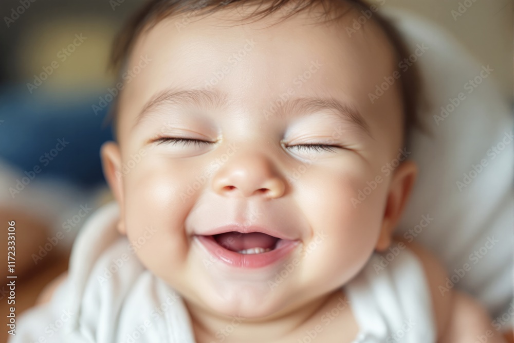 Close-up of a happy baby with closed eyes and a wide smile, wearing white clothes, on a blurred soft background. Concept of innocence and joy. Ai generative Close-up of a happy baby with closed eyes and a wide smile, wearing white clothes, on a blurred soft background. Concept of innocence and joy. Ai generative