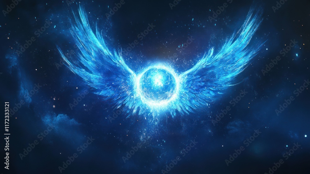 Obraz premium A glowing orb with ethereal wings, set against a cosmic backdrop, symbolizing freedom or transcendence.