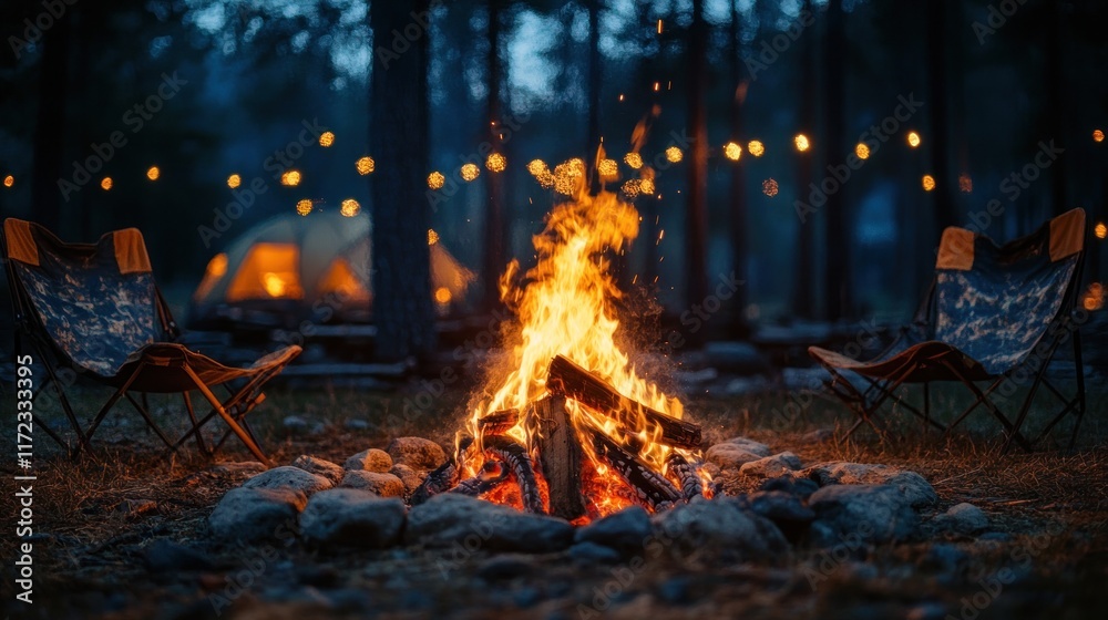 Obraz premium Fire flames rising and moving at dark night in dark blurred background. Camping fire suitable backdrop