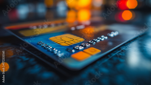 Credit Card Close Up: Banking, finance, and digital payment concepts. A detailed macro shot of a credit card, showcasing its intricate details and modern design.  