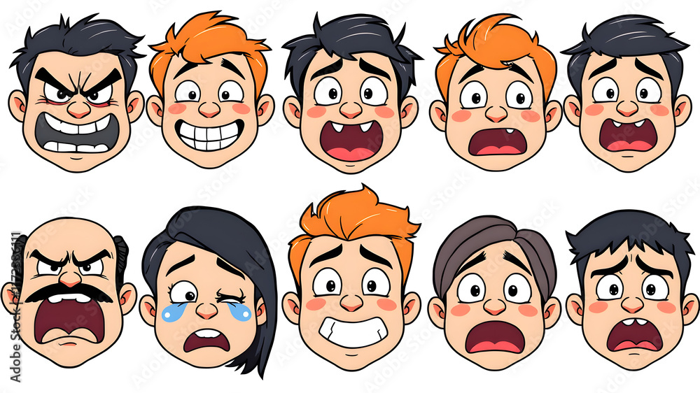 A series of cartoon faces with one of them having a mouth open and teeth showing A series of cartoon faces with one of them having a mouth open and teeth showing