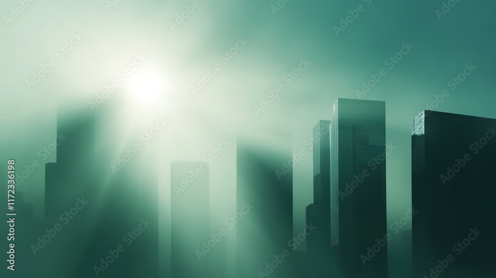 Ethereal Skyline with Mist and Shimmering Light in Soft Green Haze Ethereal Skyline with Mist and Shimmering Light in Soft Green Haze