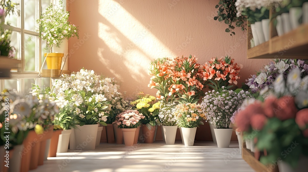 Fototapeta premium Sunlit floral shop interior, various flowers, peaceful atmosphere, website banner.