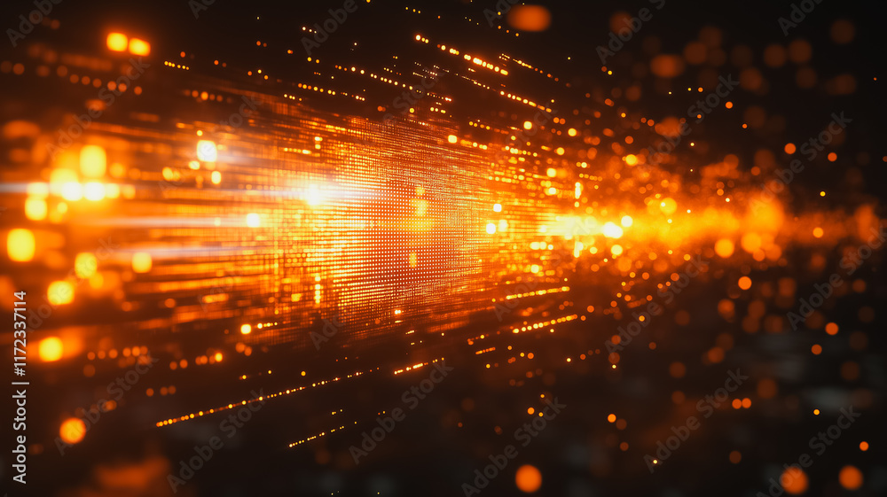 Obraz premium Fiery Data Stream: Abstract digital art depicting a vibrant stream of data and energy, glowing with intense orange and gold hues in a dark background. The dynamic composition suggests speed, power.