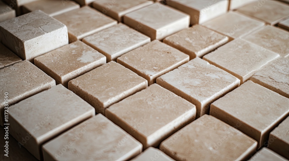 Beige stone tiles arranged in grid pattern, ready for installation, construction background, home improvement. Beige stone tiles arranged in grid pattern, ready for installation, construction background, home improvement.