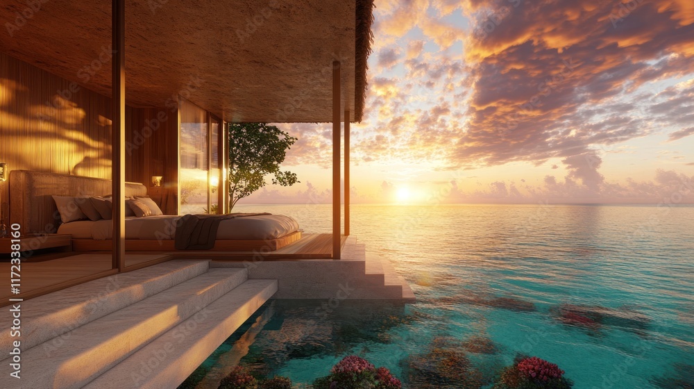 Fototapeta premium A serene beachfront villa at sunset, blending luxury and nature.
