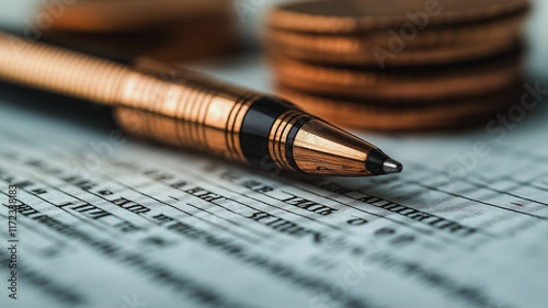 Financial Planning Close-Up: A copper pen rests elegantly on a detailed financial document, with a stack of copper coins subtly blurred in the background. photo