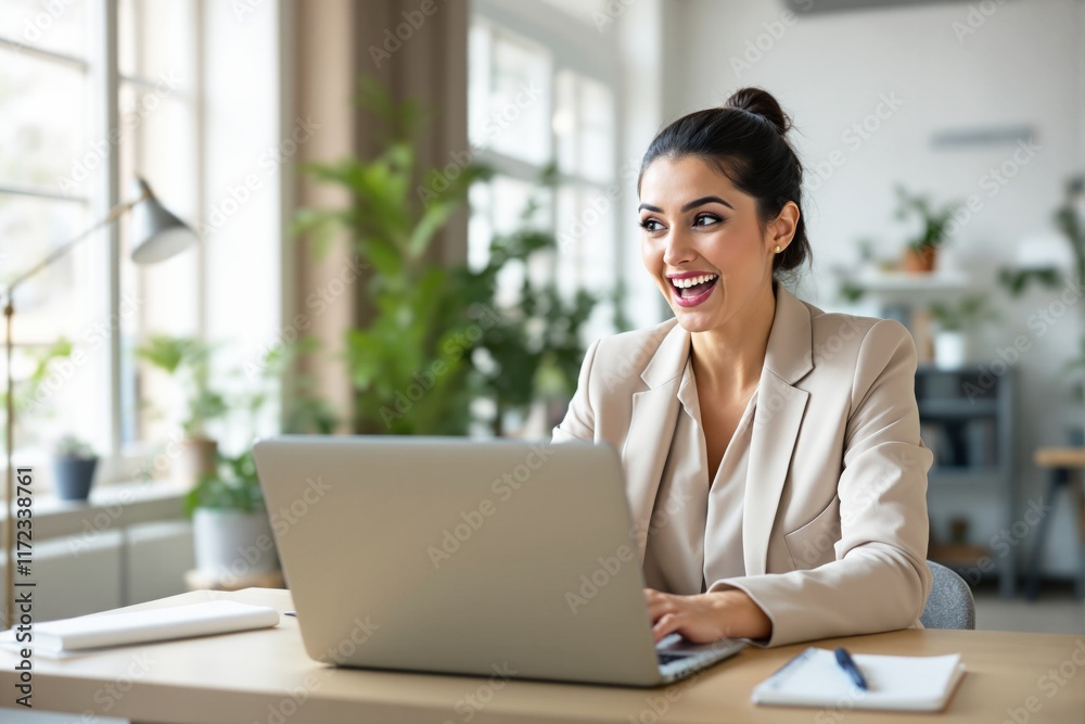 Smiling woman in beige suit using laptop at desk, surrounded by greenery, natural light streaming through windows. Concept of productivity, positivity. Ai generative Smiling woman in beige suit using laptop at desk, surrounded by greenery, natural light streaming through windows. Concept of productivity, positivity. Ai generative