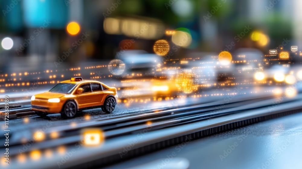 Yellow Taxi on Urban Street with Motion Blur and Traffic Lights Yellow Taxi on Urban Street with Motion Blur and Traffic Lights
