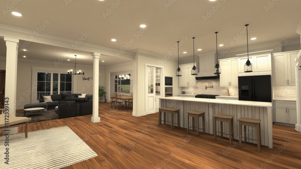Open-concept home layout with seamless flow between the kitchen, dining, and living areas Open-concept home layout with seamless flow between the kitchen, dining, and living areas