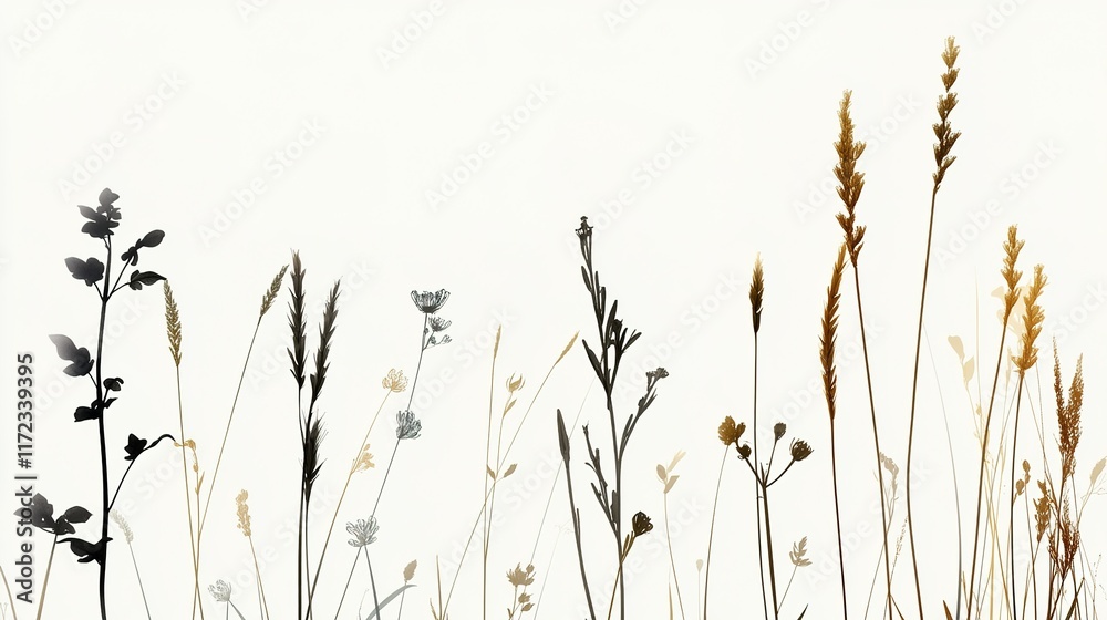 Fototapeta premium Elegant Silhouettes of Wild Grasses and Flowers Against White Background