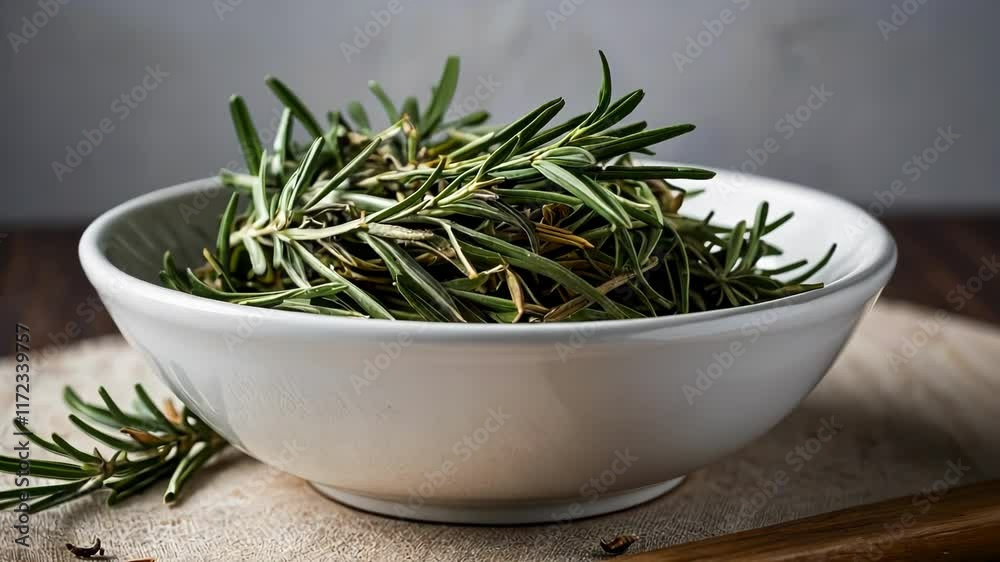 Fresh rosemary arranged in a bowl highlights cooking elements and culinary preparation in a rustic kitchen atmosphere Fresh rosemary arranged in a bowl highlights cooking elements and culinary preparation in a rustic kitchen atmosphere