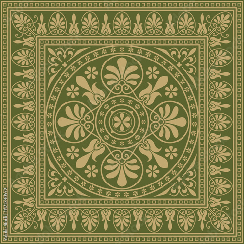 Vector gold with green classic Greek square ornament. Rectangle of Ancient Greece and Roman Empire. Byzantine painting of walls, floors and ceilings. Decoration of European palaces