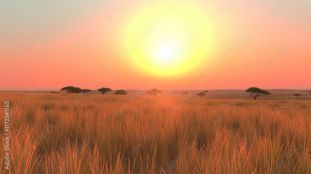A serene sunset over a grassy landscape with distant trees. A serene sunset over a grassy landscape with distant trees.