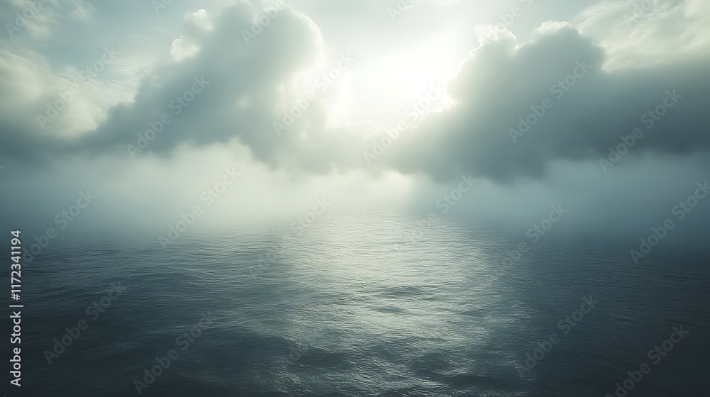 Misty ocean scene with sun peeking through clouds. Misty ocean scene with sun peeking through clouds.