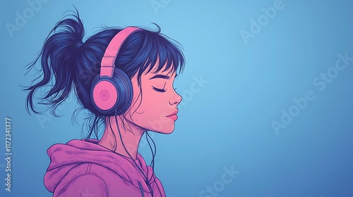 A girl with headphones is listening to music, in a flat design, simple illustration, vector art, against a blue background, with pink and navy colors, a digital painting, pastel drawin photo