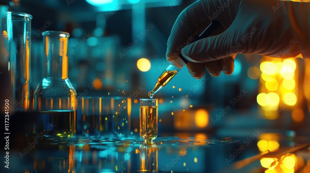 A lab scene with a hand using a pipette to transfer liquid into a test tube. A lab scene with a hand using a pipette to transfer liquid into a test tube.