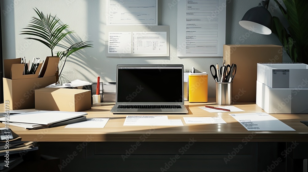 Sunlit office desk with laptop, paperwork, and supplies. Sunlit office desk with laptop, paperwork, and supplies.