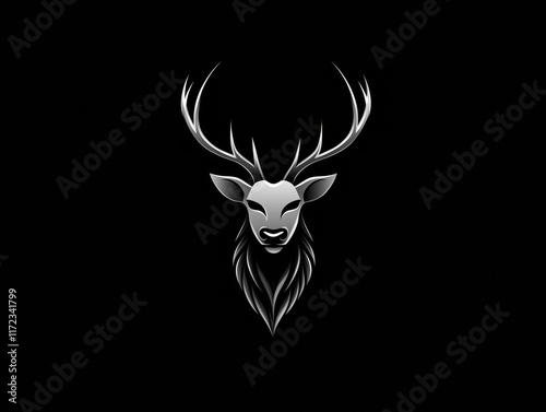 Logo design featuring a silver deer head with antlers and a beard on a black background. photo