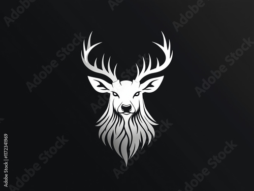 Logo design featuring a silver deer head with antlers and a beard on a black background. photo