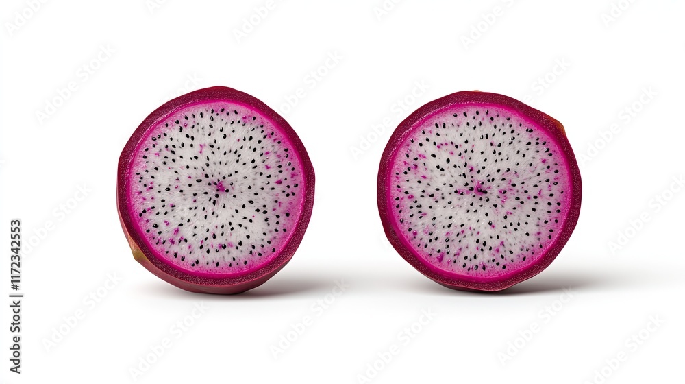 Two halves of a dragon fruit, isolated on white background, for food blogs or recipes. Two halves of a dragon fruit, isolated on white background, for food blogs or recipes.