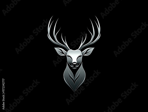 Logo design featuring a silver deer head with antlers and a beard on a black background. photo