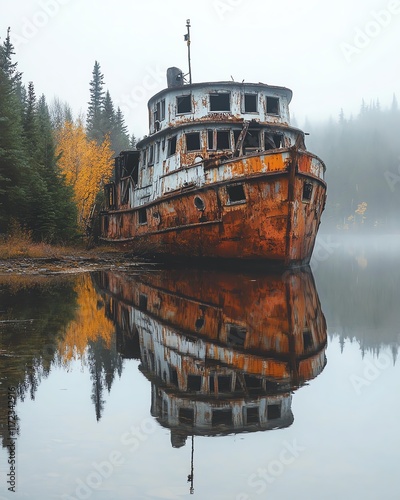 Wideangle shot of a decaying, rustcovered iron ship on the shores of a tranquil lake, highlighting the ships abandonment and contrast with the peaceful surroundings photo