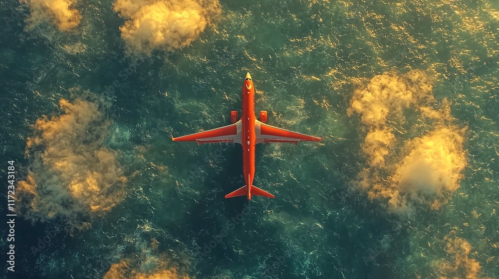 Red Airplane Soaring Above Ocean Cloudscape Red Airplane Soaring Above Ocean Cloudscape