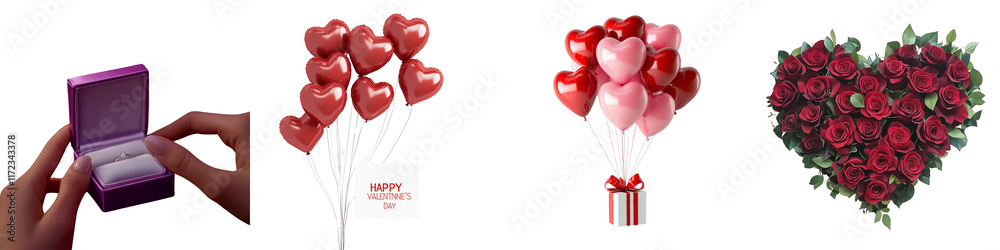 set of A red rose in the shape of a heart, ring box in someone's hand, holiday gift box with heart-shaped balloons and red ribbon flying, Happy Valentine's Day banner, on a transparent backgrounds set of A red rose in the shape of a heart, ring box in someone's hand, holiday gift box with heart-shaped balloons and red ribbon flying, Happy Valentine's Day banner, on a transparent backgrounds