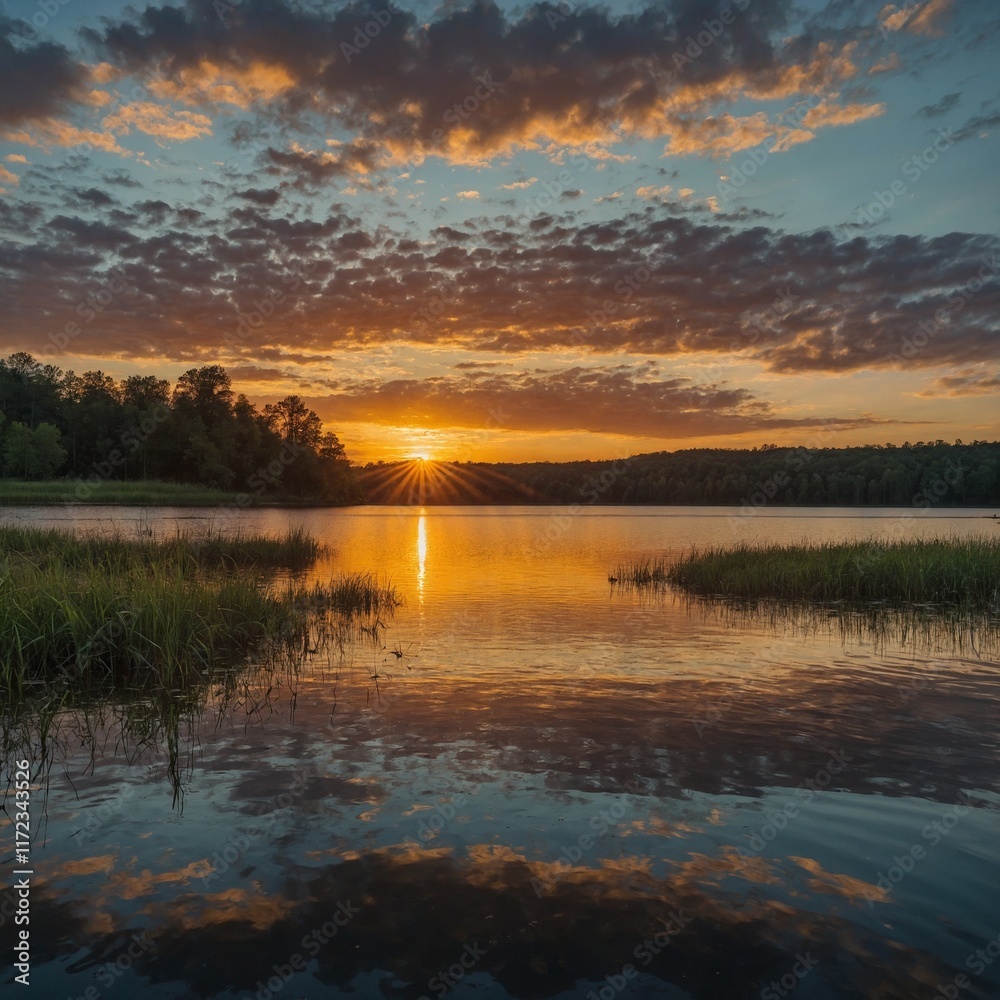 Fototapeta premium A breathtaking sunrise over a tranquil lake.