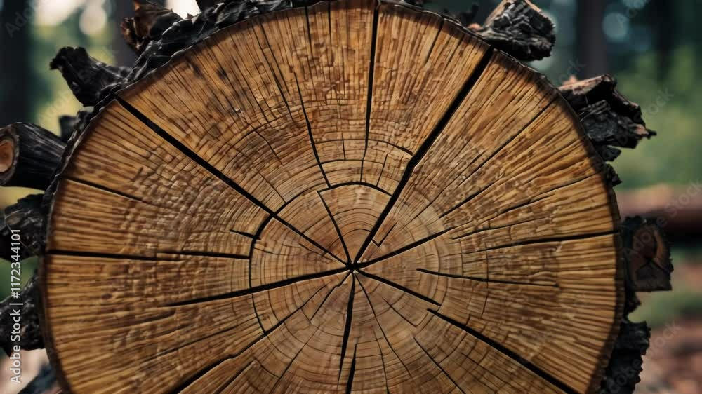 Close up view of tree log revealing intricate growth rings and textures, emphasizing nature's beauty and organic craftsmanship