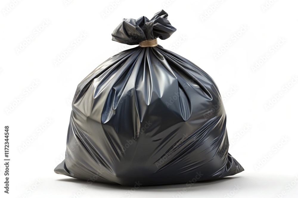 A black plastic bag with a plastic handle is sitting on a white background A black plastic bag with a plastic handle is sitting on a white background