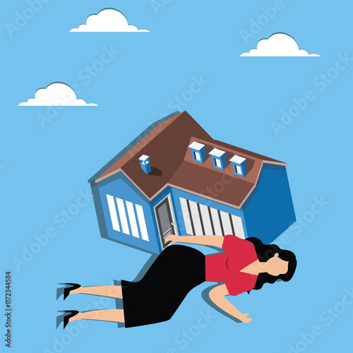 Pressure to buy a house, pressure to buy a house with a mortgage, pressure of debt, a huge house on the knees of a businesswoman