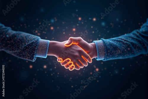 Digital background with a stylized representation of a handshake made of digital data, collaboration, partnership, business.
