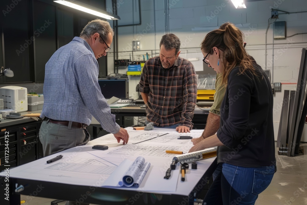 Obraz premium A group of professionals collaborating over blueprints in a workspace.