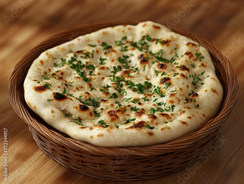 Close-up of a freshly baked naan bread, garnished with parsley, served in a wicker basket on a wooden table.