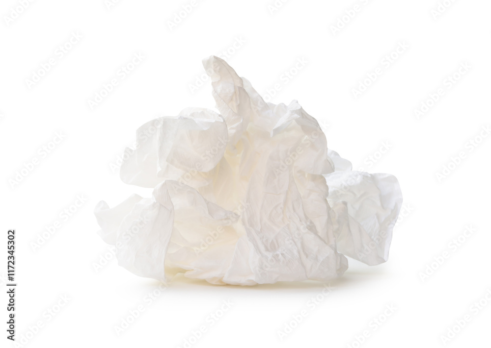 Side view of white crumpled or screwed tissue paper ball after use isolated on white background with clipping path Side view of white crumpled or screwed tissue paper ball after use isolated on white background with clipping path