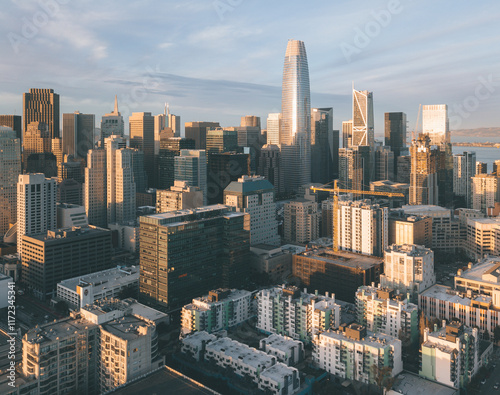 Aerial view of the San Francisco skyline featuring Salesforce Tower and modern skyscrapers illuminated by the setting sun photo