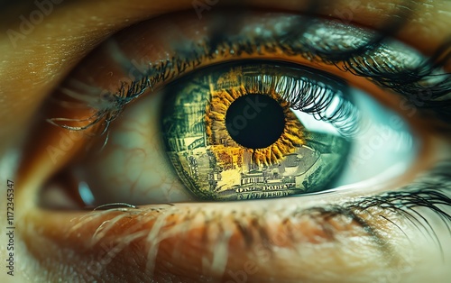 A conceptual image of a persons eye with a moneyfilled iris, representing the venal or sellout mentality in a thoughtprovoking and powerful way photo