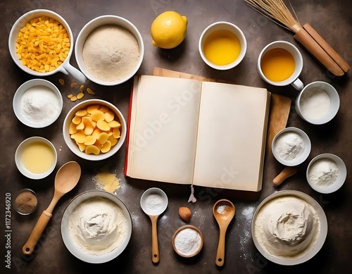 Baking Ingredients Arranged Around Open Recipe Book photo