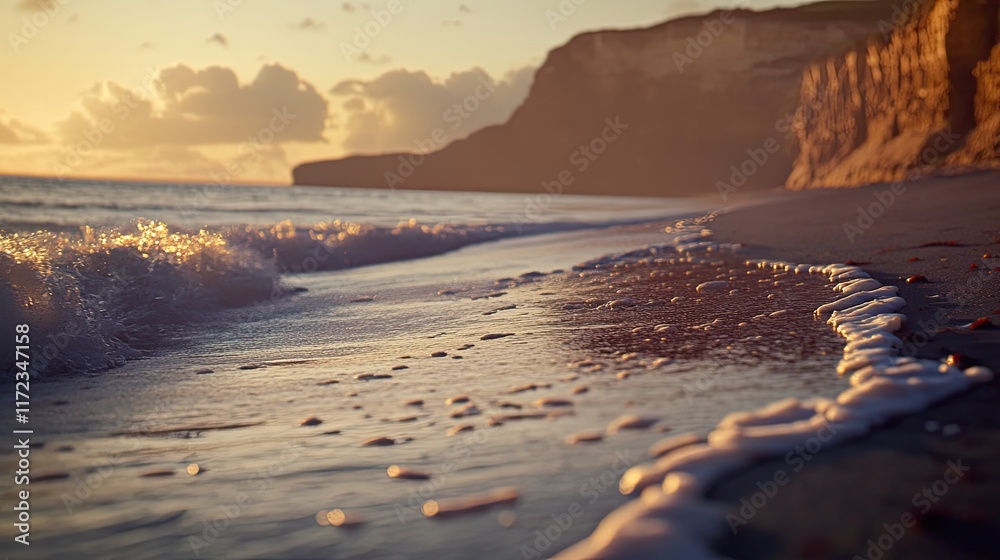 custom made wallpaper toronto digitalSunset coastal beach scene, waves gently lapping shore, cliffs background; travel, nature photography.