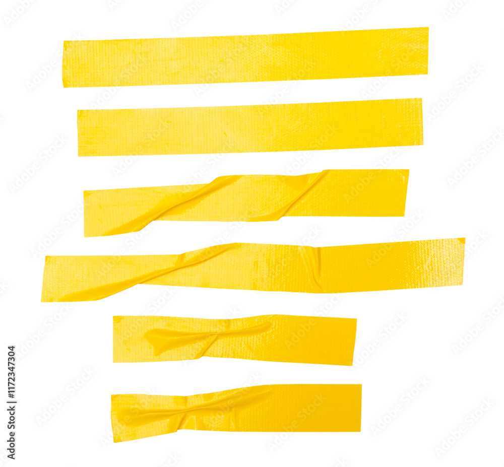 Obraz premium Top view set of wrinkled or crumpled yellow adhesive vinyl tape or cloth tape in stripes shape isolated with clipping path in png file format