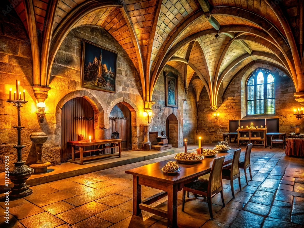Fototapeta premium Cinematic Medieval Hall: Dark, Atmospheric Interior Stock Photo