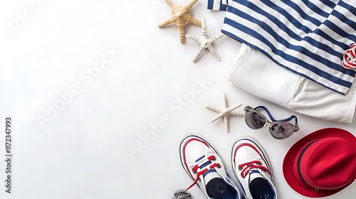 Summer outfit flatlay nautical clothing, shoes, accessories, starfish; white background. photo